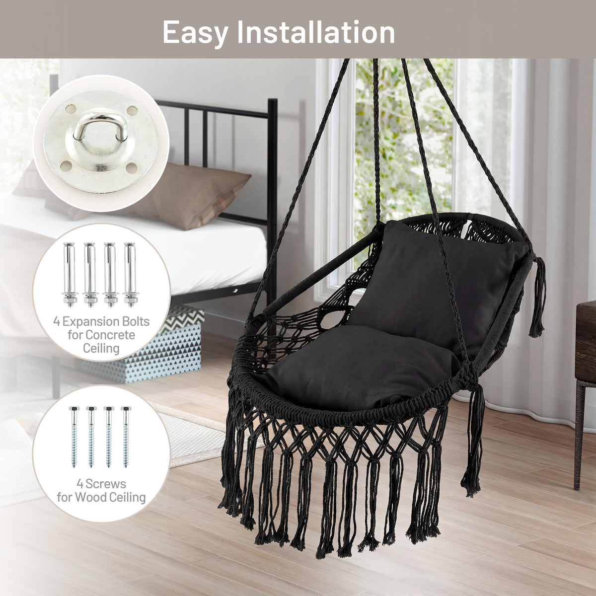 Hanging Hammock Chair with 2 Cushions - Black