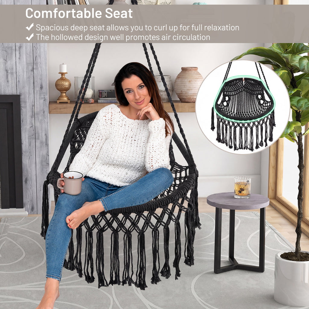 Hanging Hammock Chair with 2 Cushions - Black