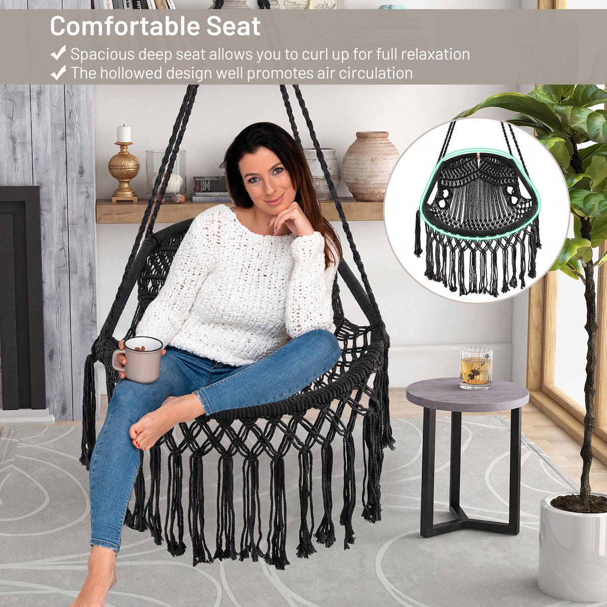 Hanging Hammock Chair with 2 Cushions - Black