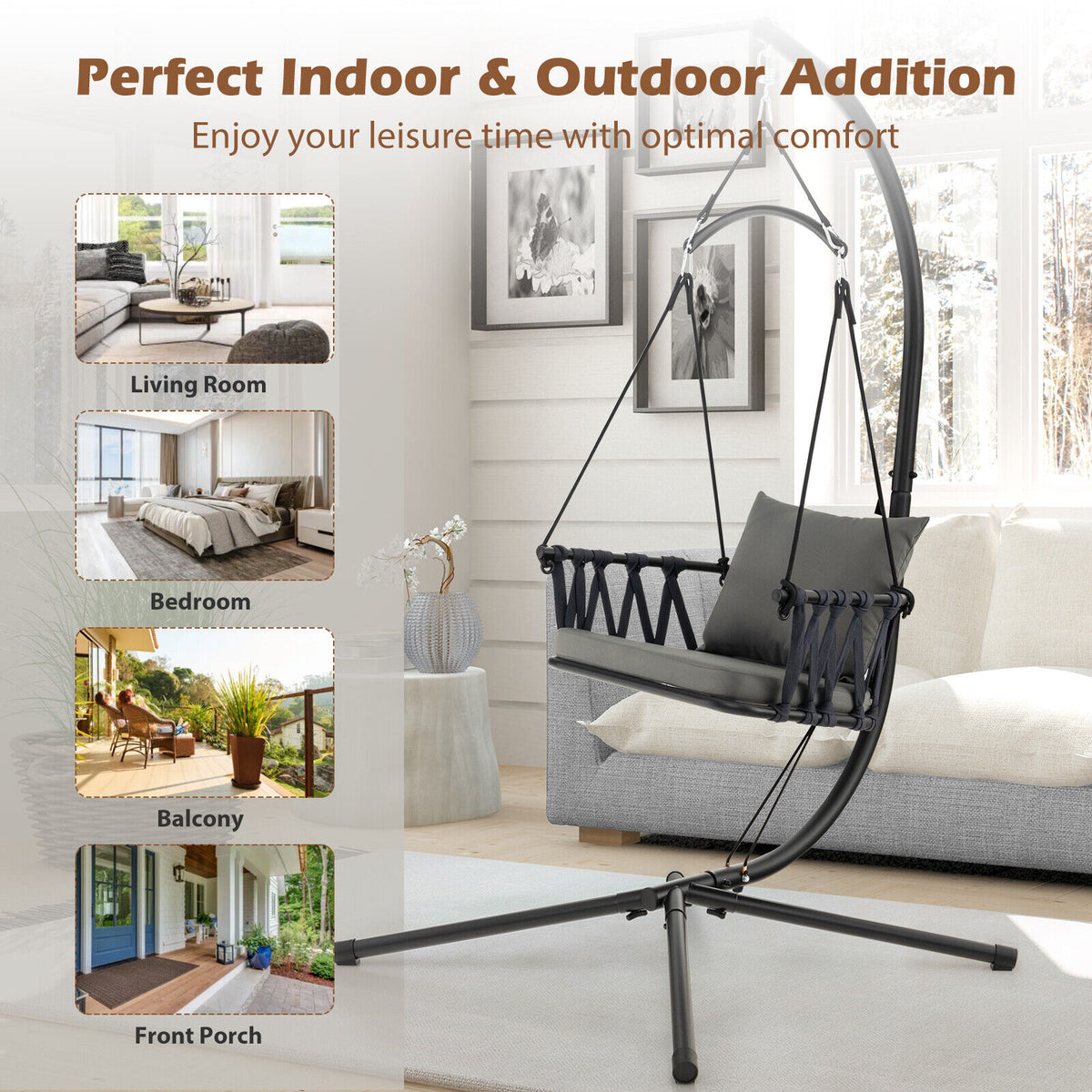 Hanging Swing Chair with Stand - Style 2, Gray