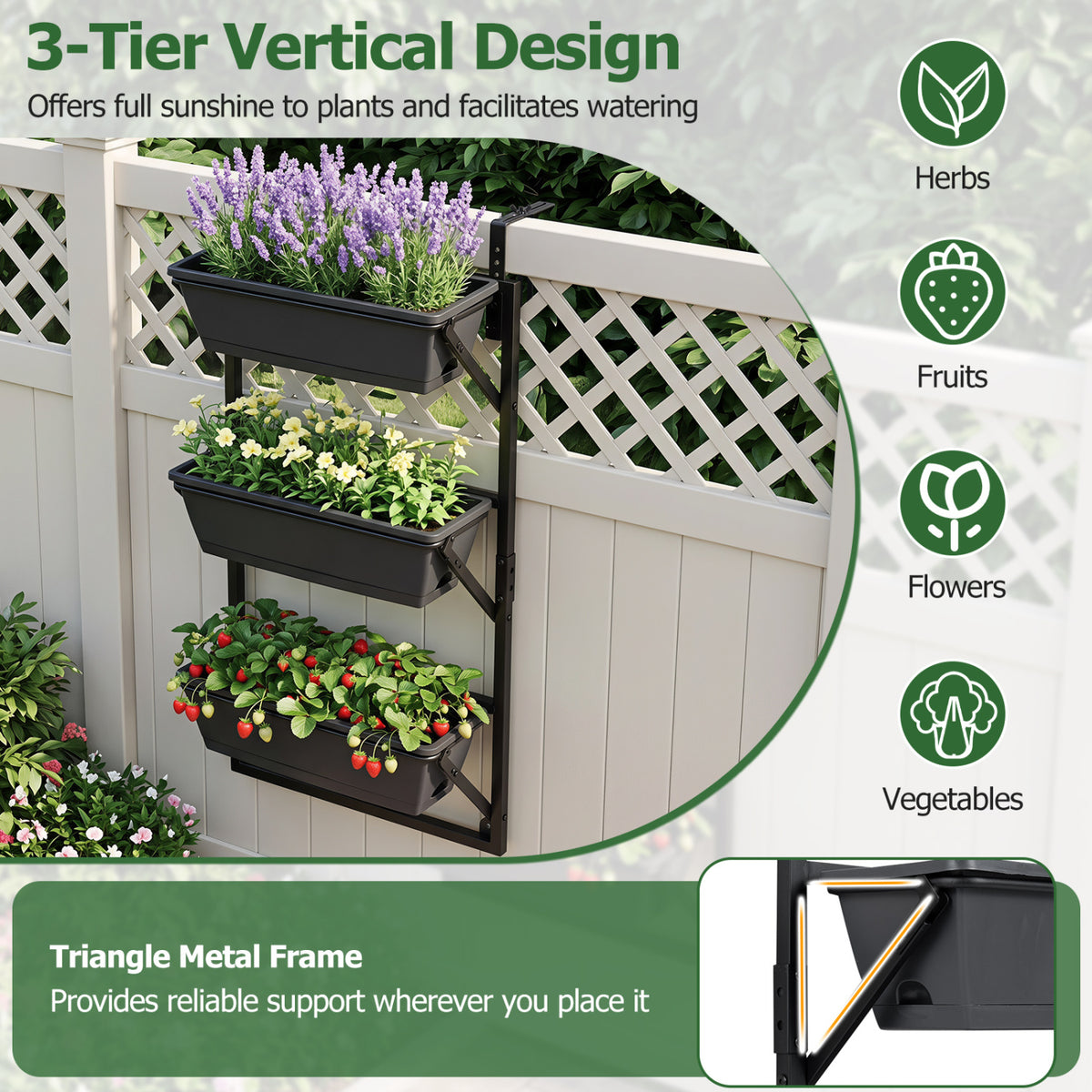 3-Tier Hanging Vertical Planter Wall-Mount, Black