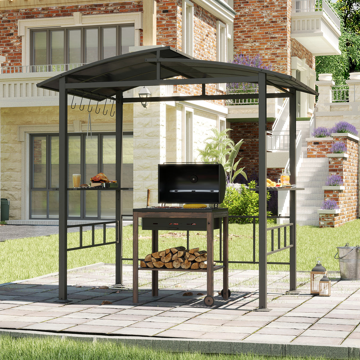Hardtop Grill Gazebo with Polycarbonate Roof & Side Shelves - Black