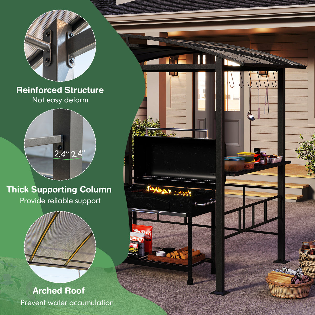 Hardtop Grill Gazebo with Polycarbonate Roof & Side Shelves - Black