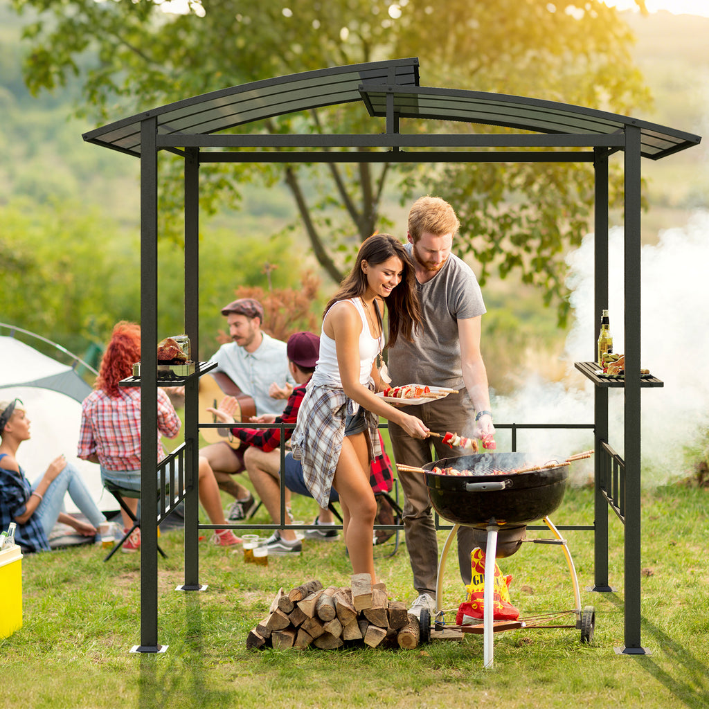 Hardtop Grill Gazebo with Polycarbonate Roof & Side Shelves - Black