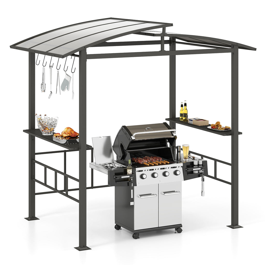 Hardtop Grill Gazebo with Polycarbonate Roof & Side Shelves - Black