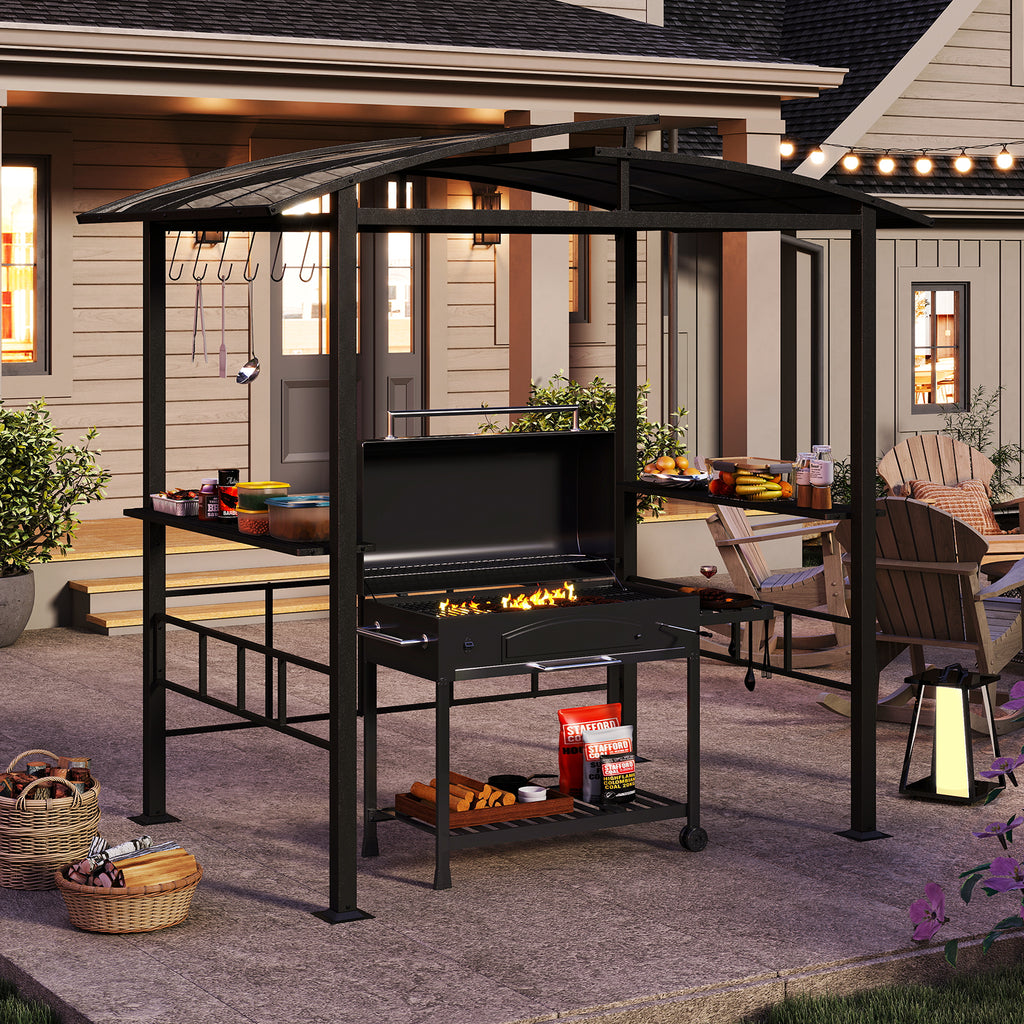 Hardtop Grill Gazebo with Polycarbonate Roof & Side Shelves - Black