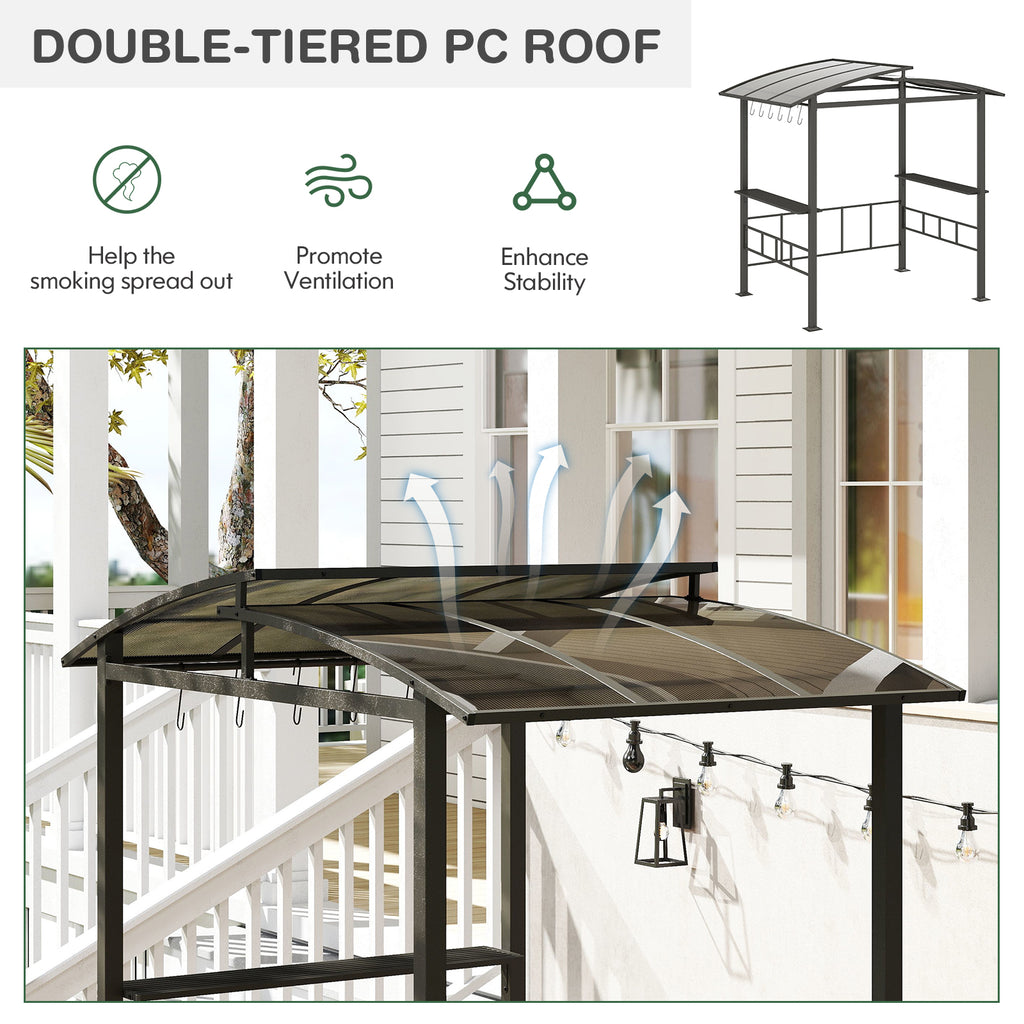 Hardtop Grill Gazebo with Polycarbonate Roof & Side Shelves - Black