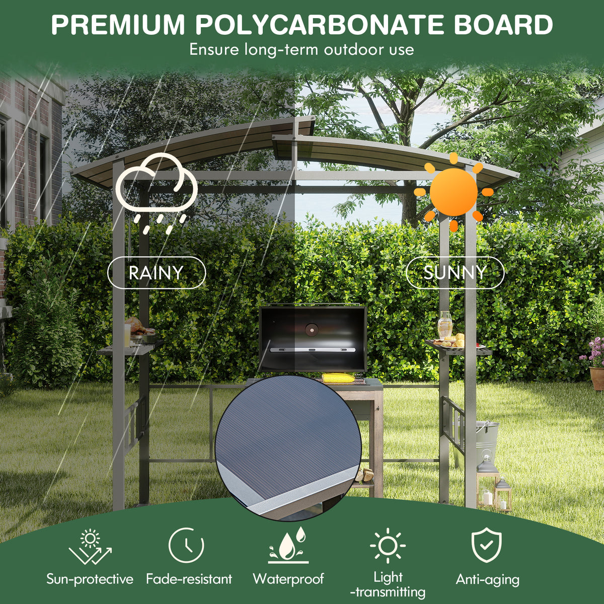 Hardtop Grill Gazebo with Polycarbonate Roof & Side Shelves - Black