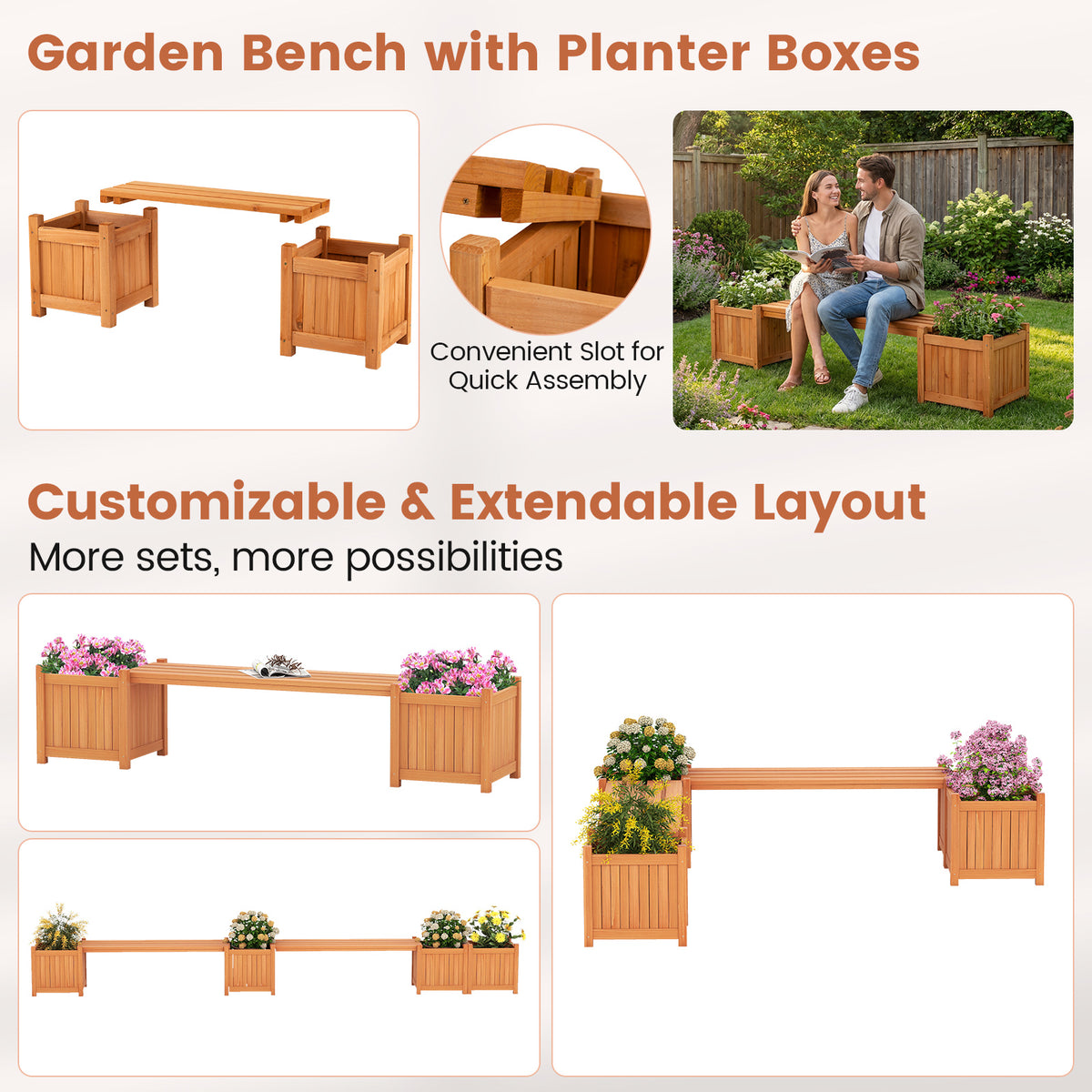 Hardwood Planter Box with Bench Garden 2 Side Flower Boxes