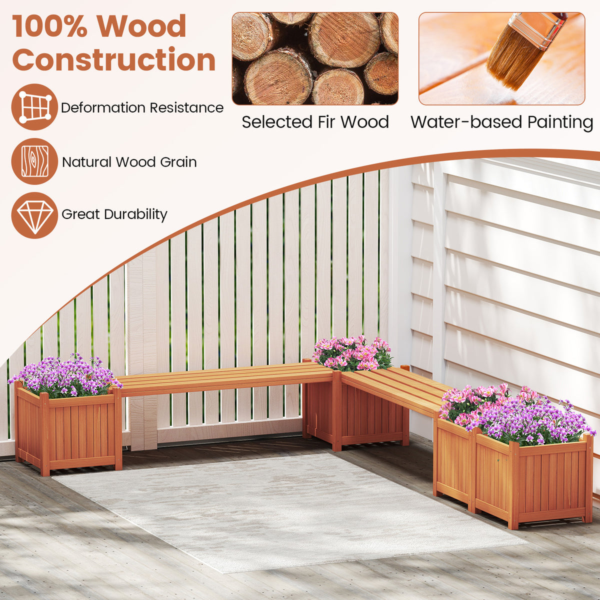Hardwood Planter Box with Bench Garden 2 Side Flower Boxes