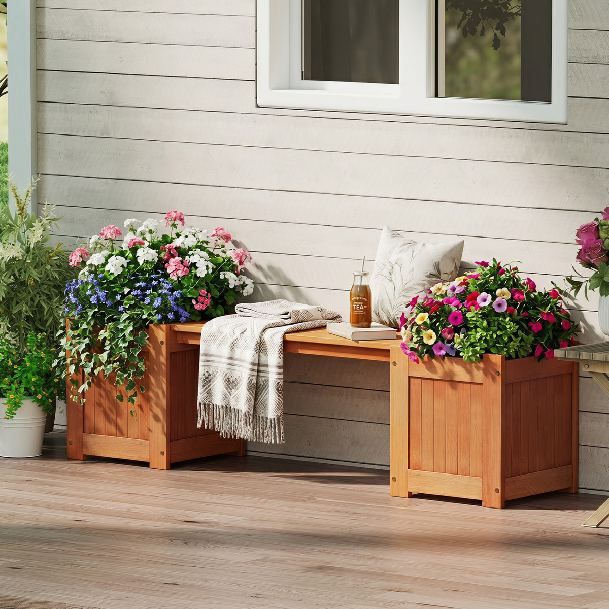 Hardwood Planter Box with Bench Garden 2 Side Flower Boxes