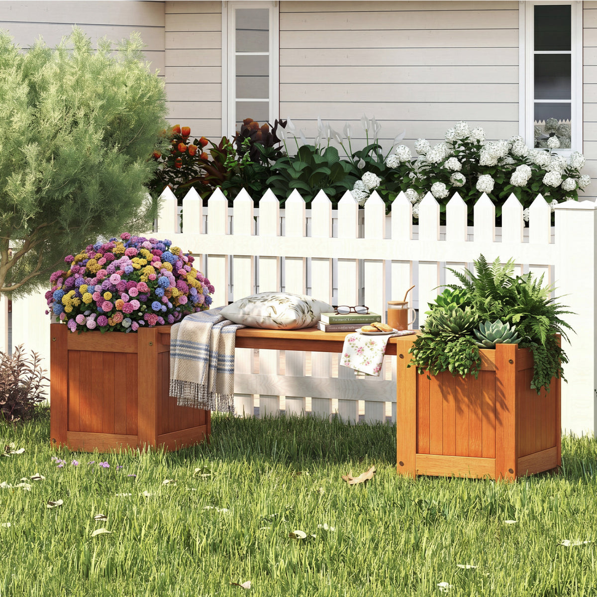Hardwood Planter Box with Bench Garden 2 Side Flower Boxes
