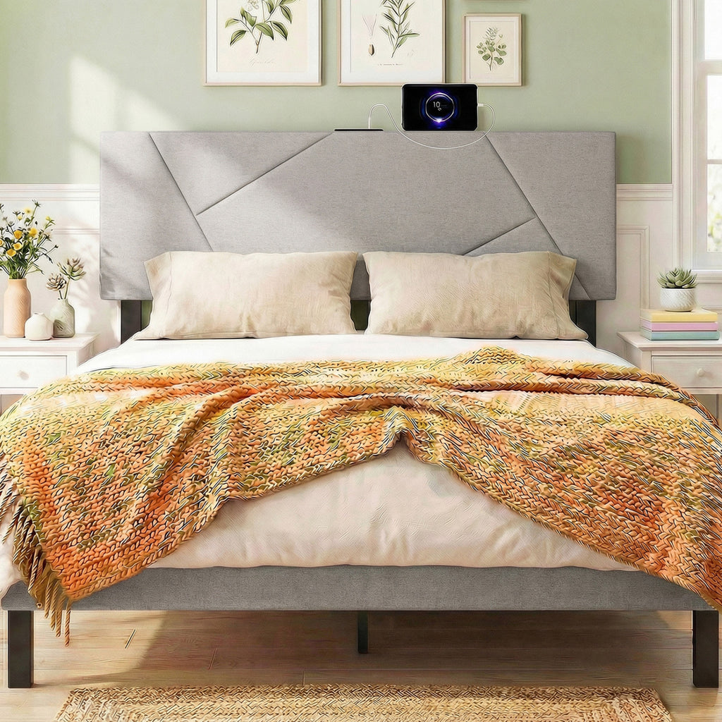 Geometric Upholstered Headboard with USB Charging - Gray