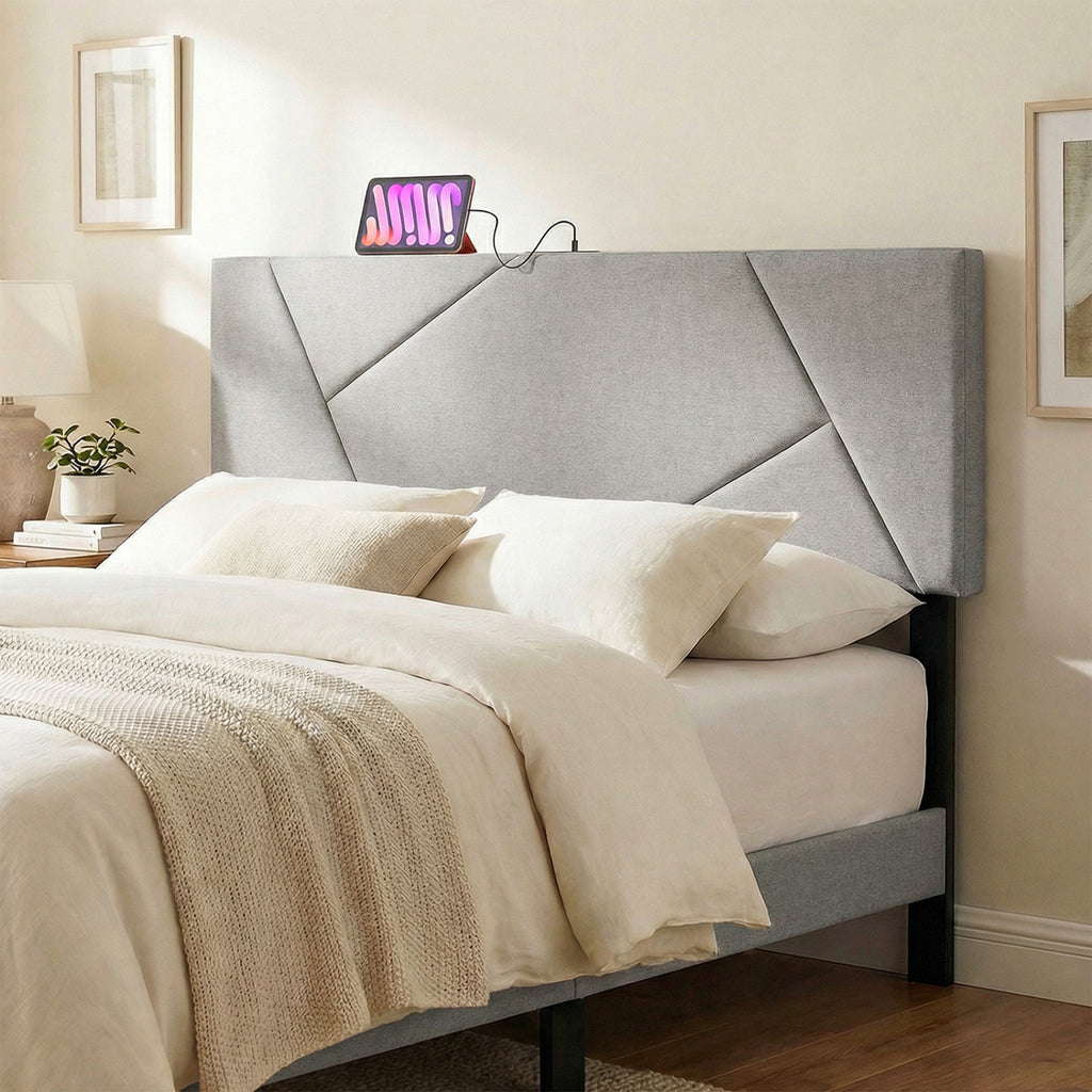 Geometric Upholstered Headboard with USB Charging - Gray