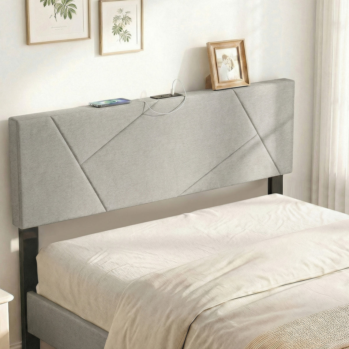 Geometric Upholstered Headboard with USB Charging - Gray