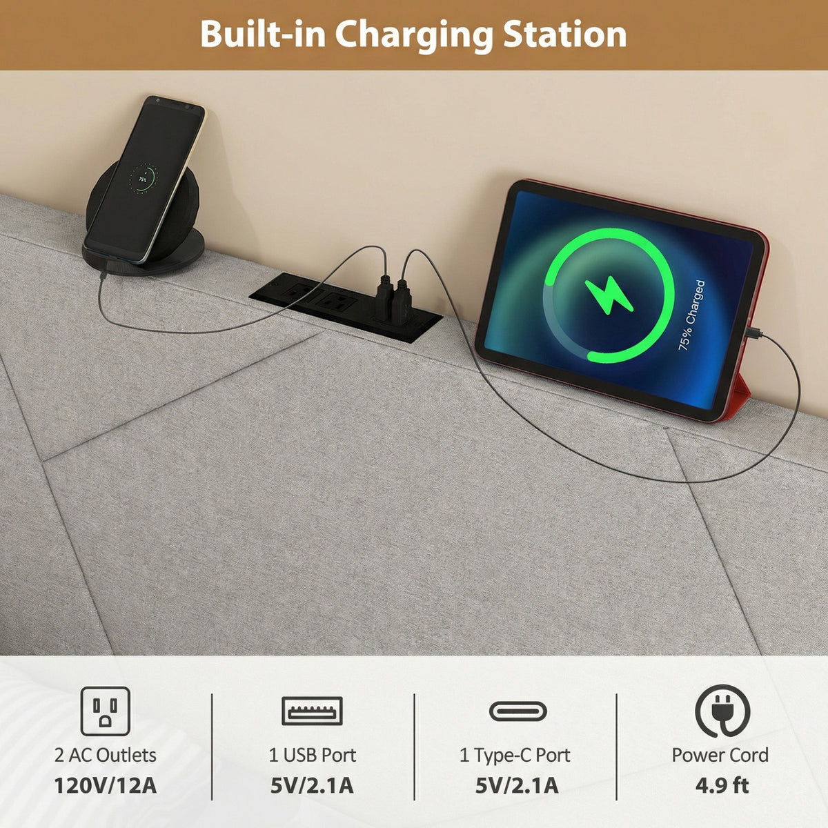 Geometric Upholstered Headboard with USB Charging - Gray