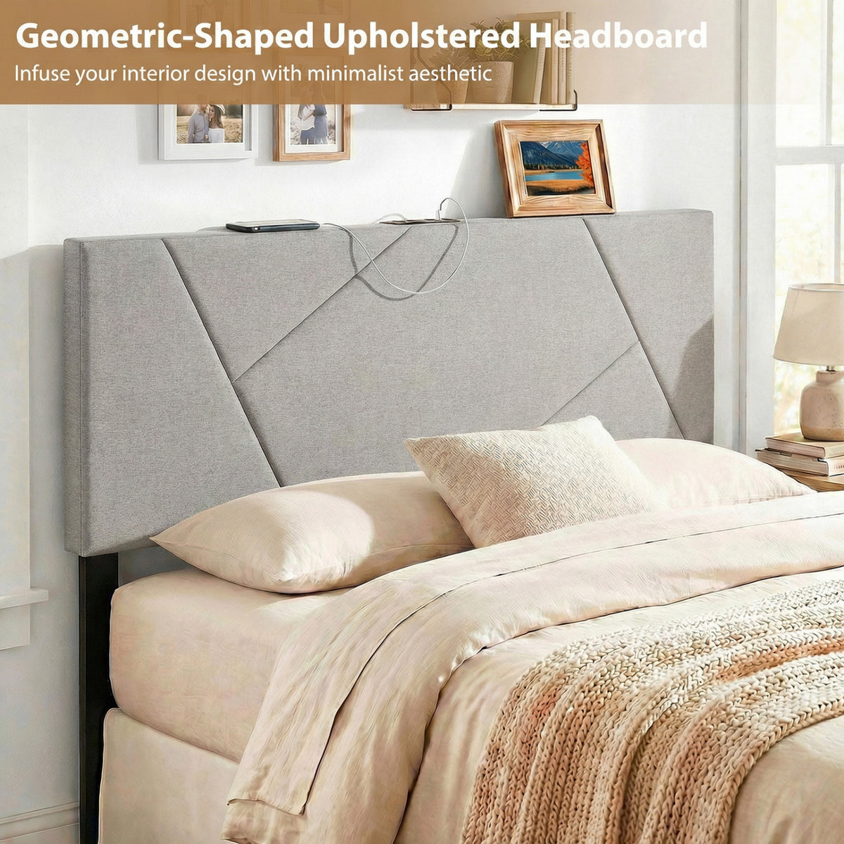 Geometric Upholstered Headboard with USB Charging - Gray