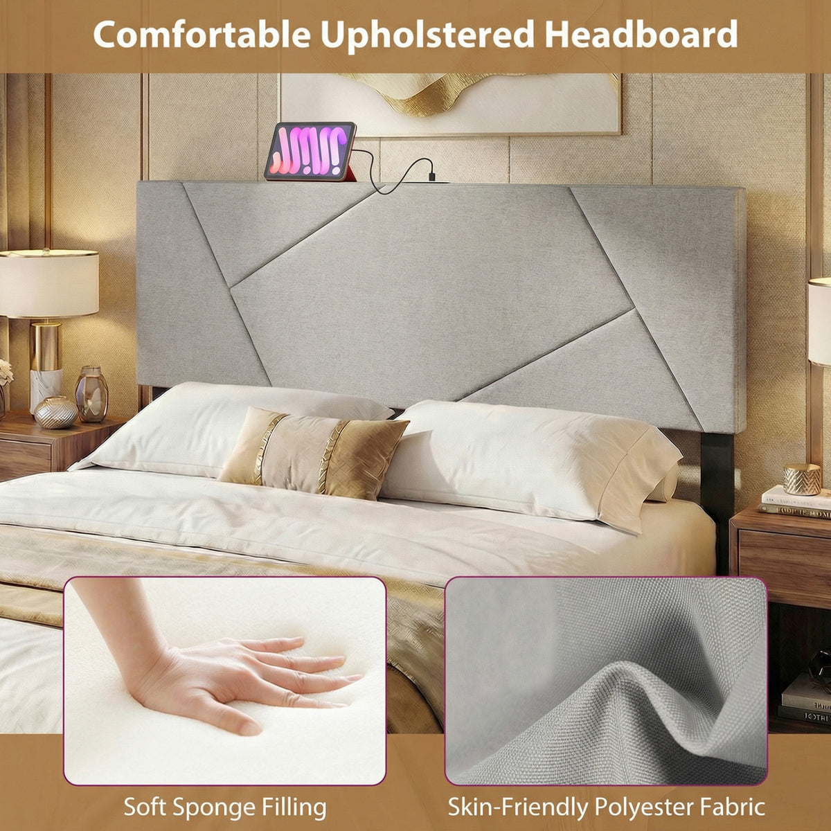 Geometric Upholstered Headboard with USB Charging - Gray