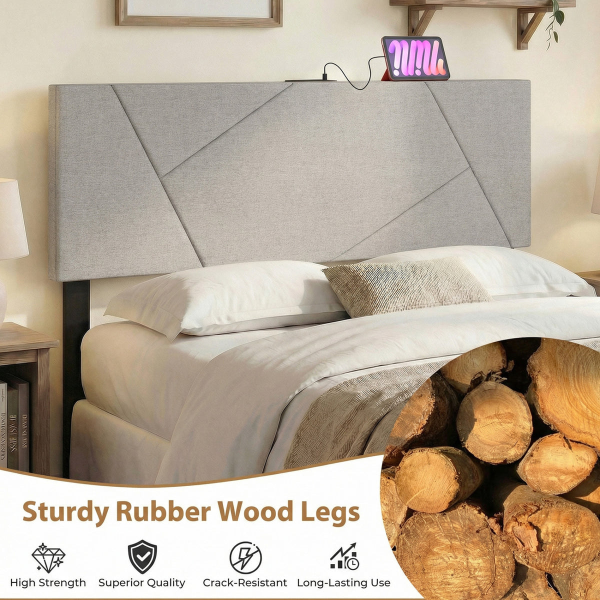 Geometric Upholstered Headboard with USB Charging - Gray