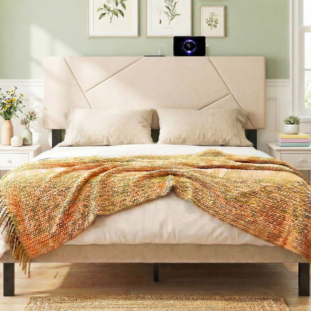 Geometric Upholstered Headboard with USB Charging - Gray