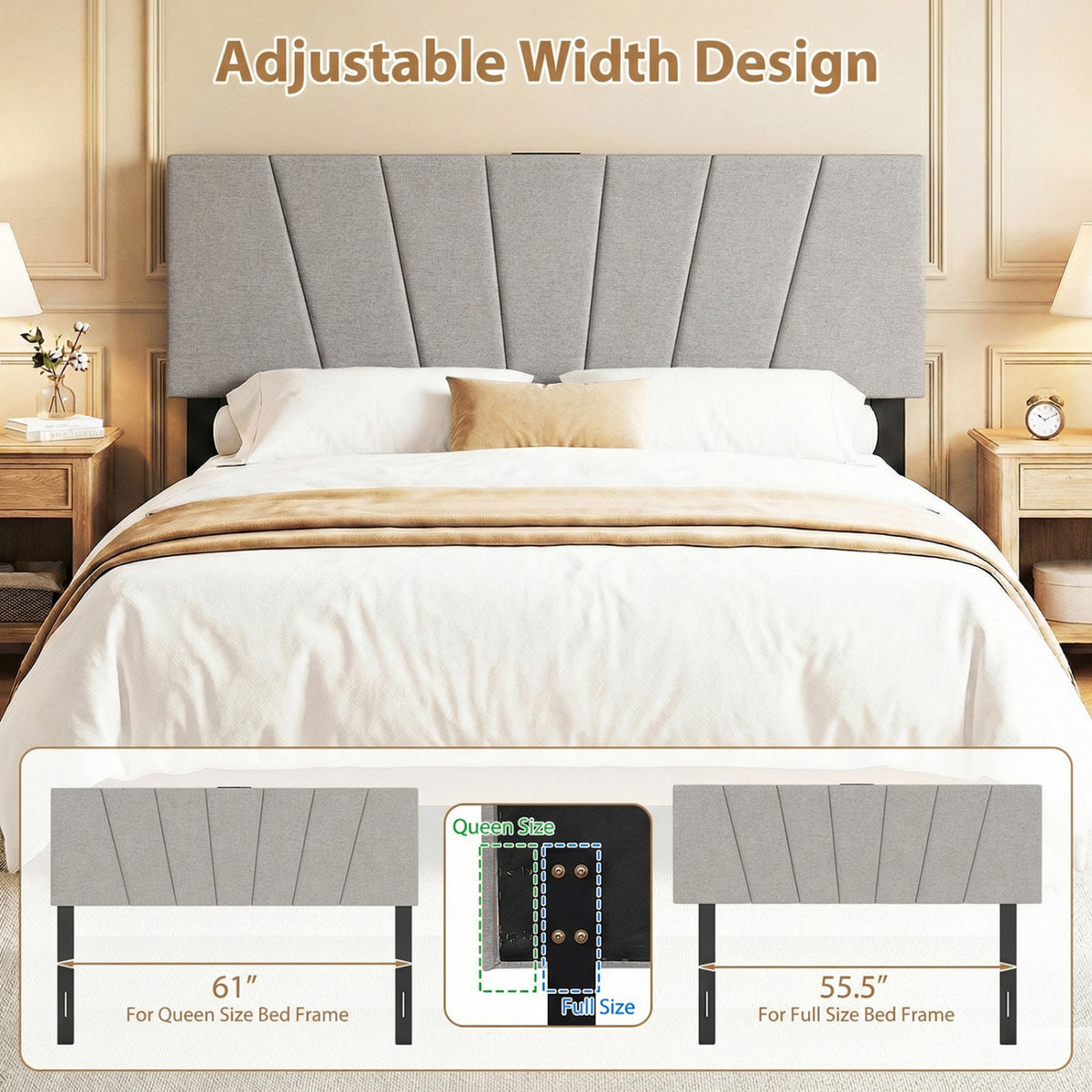 Upholstered Headboard for Queen and Full Size Bed – Gray