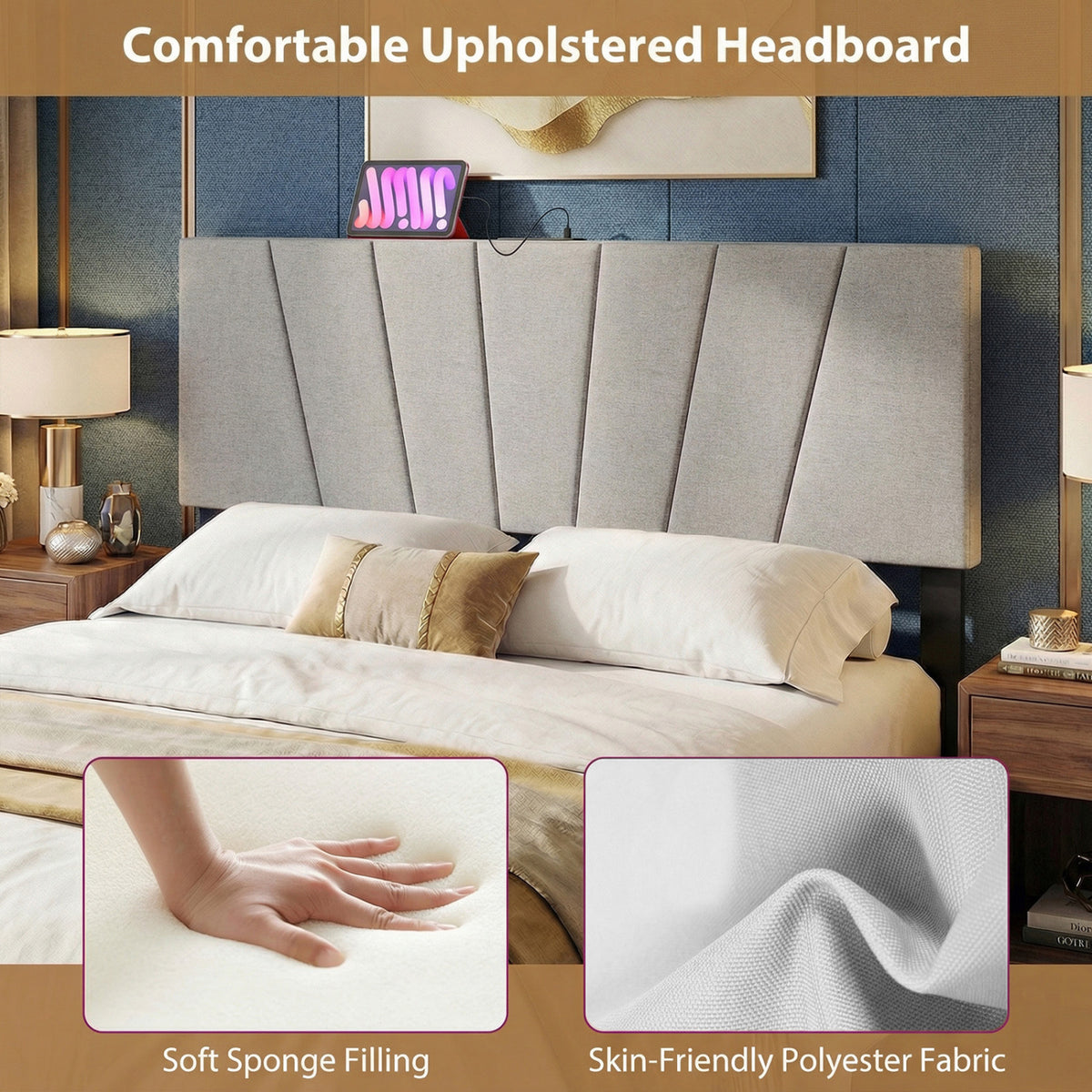 Upholstered Headboard for Queen and Full Size Bed – Gray