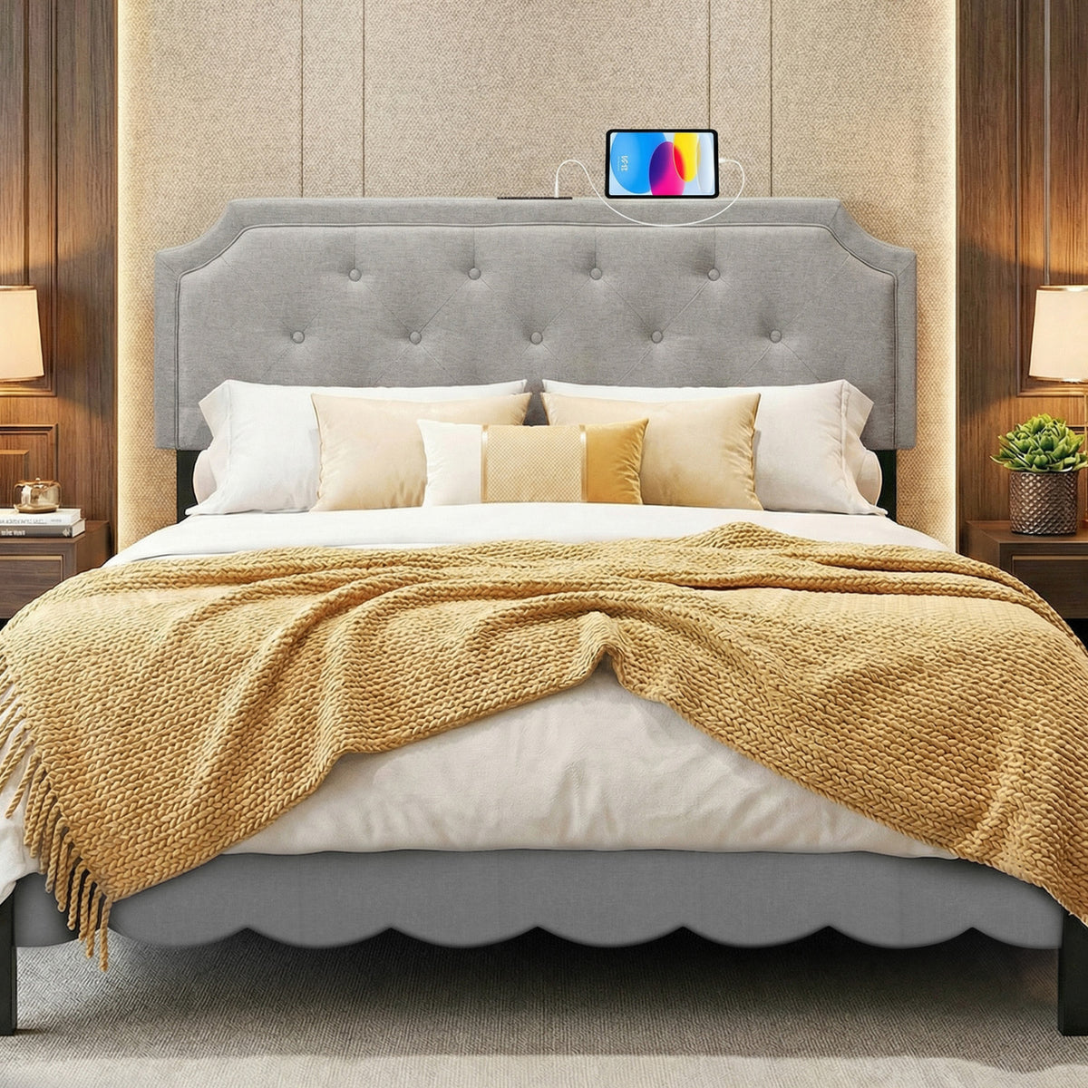 Tufted Upholstered Headboard for Queen & Full Size Beds - Gray