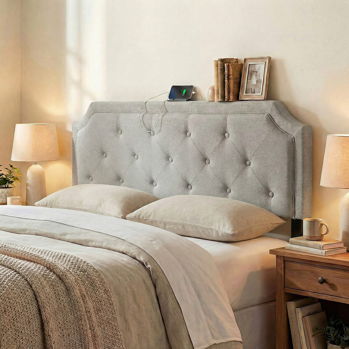 Tufted Upholstered Headboard for Queen & Full Size Beds - Gray