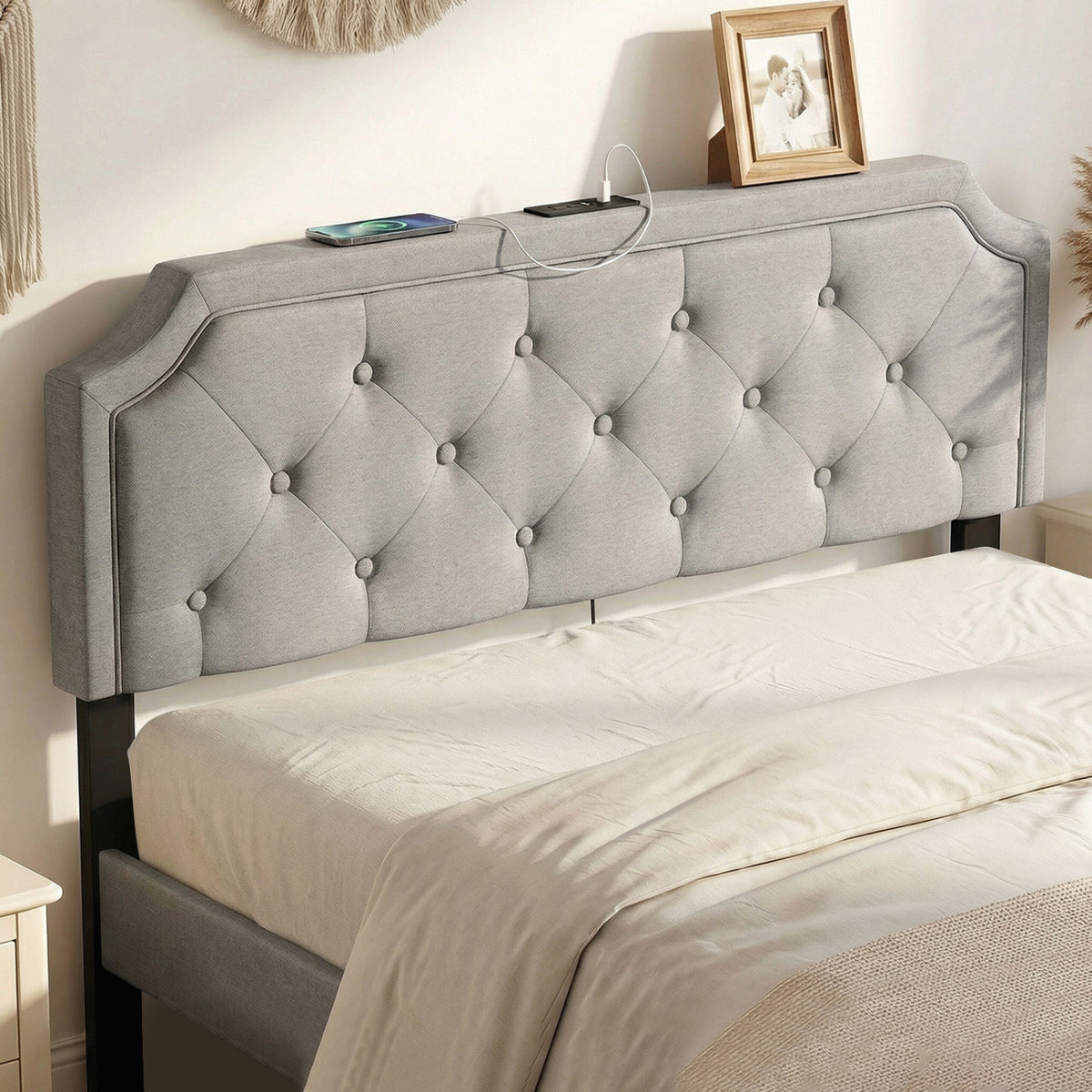 Tufted Upholstered Headboard for Queen & Full Size Beds - Gray