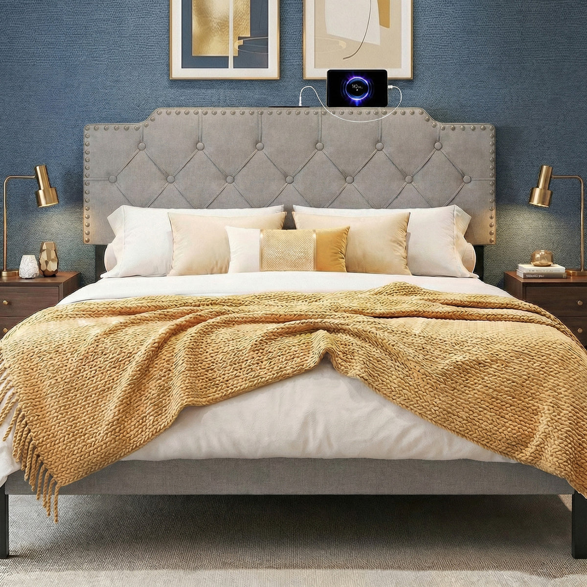 Tufted Upholstered Headboard for Queen & Full Size Beds - Gray