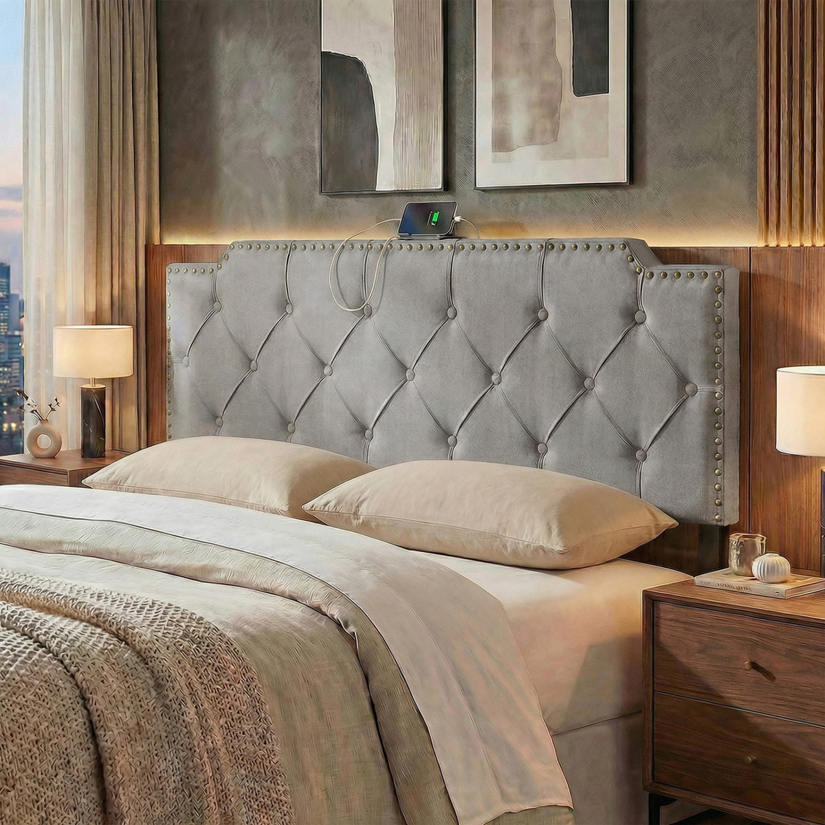 Tufted Upholstered Headboard for Queen & Full Size Beds - Gray
