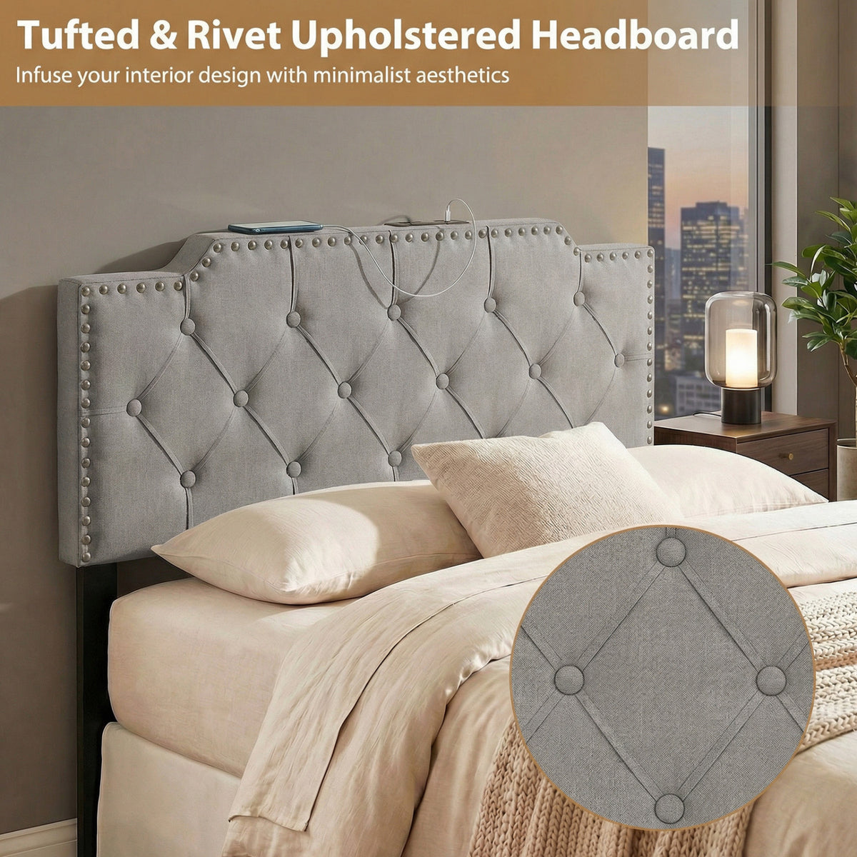 Tufted Upholstered Headboard for Queen & Full Size Beds - Gray