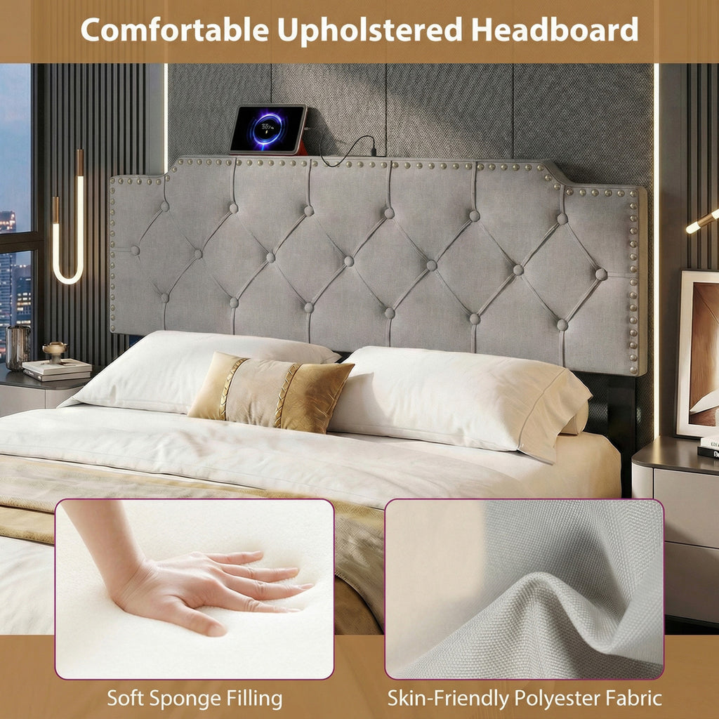 Tufted Upholstered Headboard for Queen & Full Size Beds - Gray