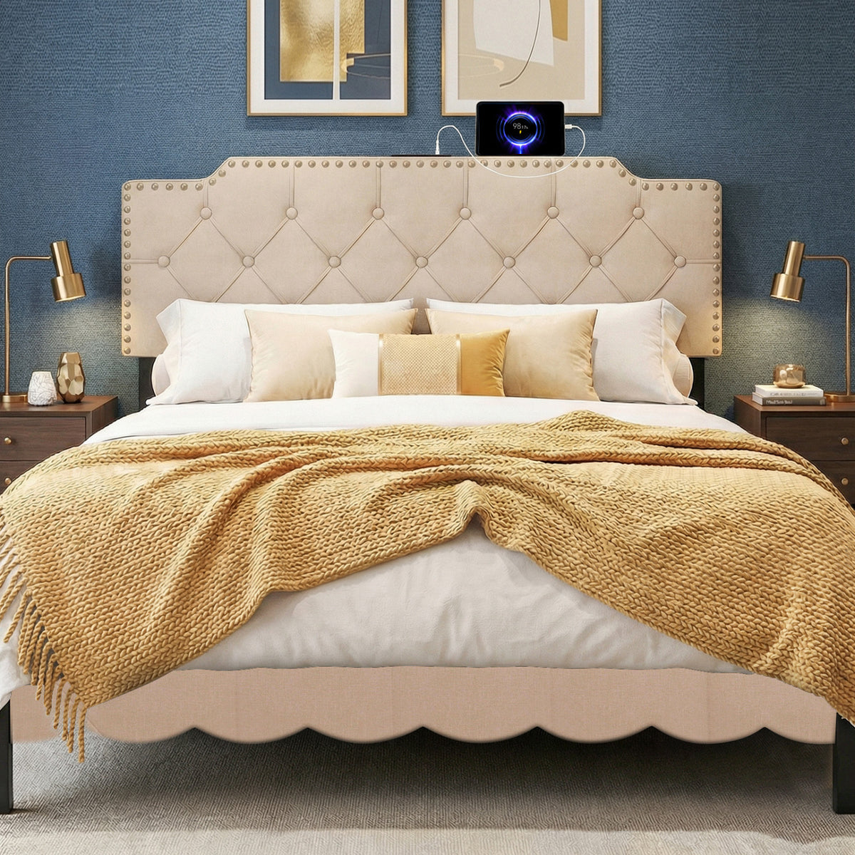 Tufted Upholstered Headboard for Queen & Full Size Beds - Gray
