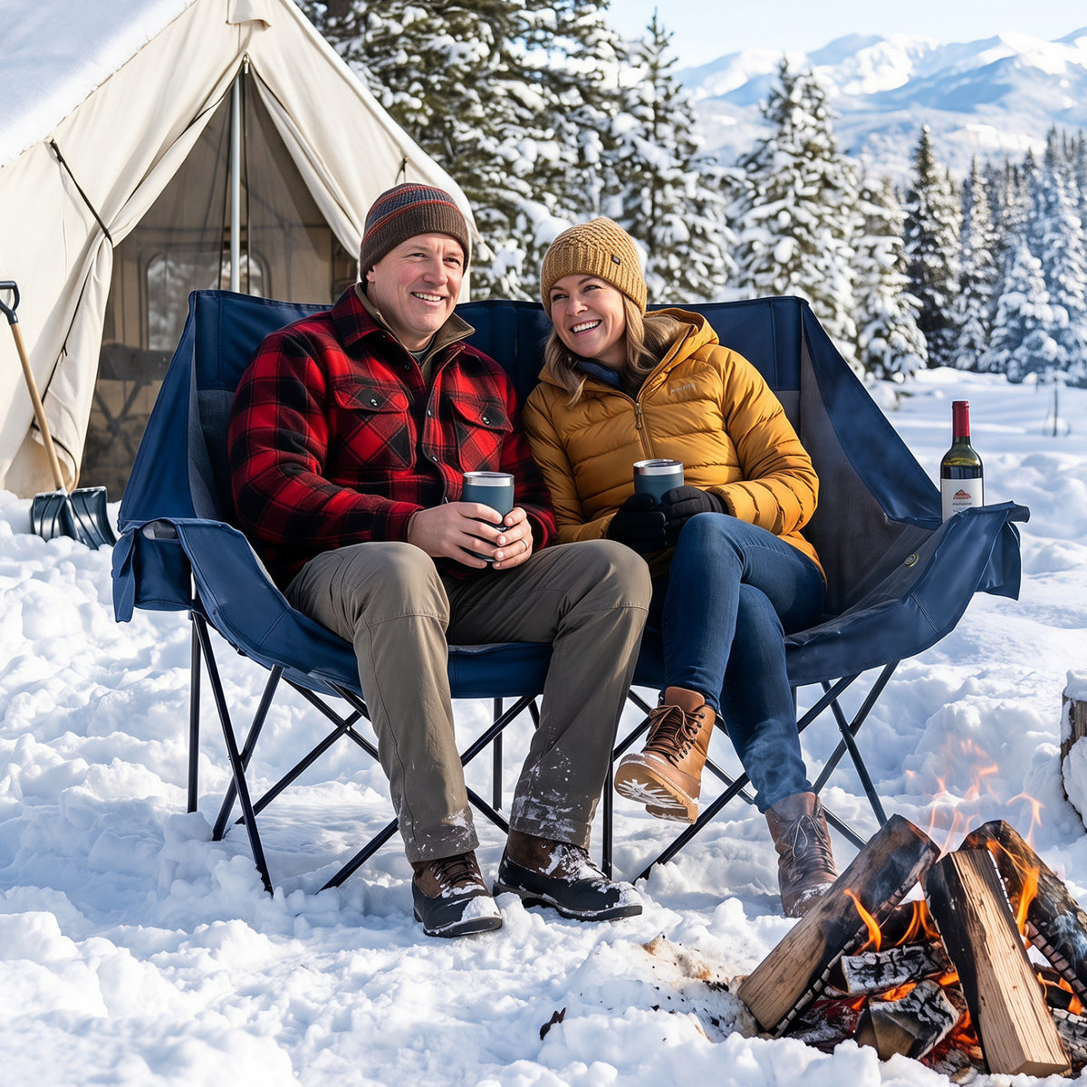 Heated Double Camping Chair with 4 Heating Zones and Wine Glass