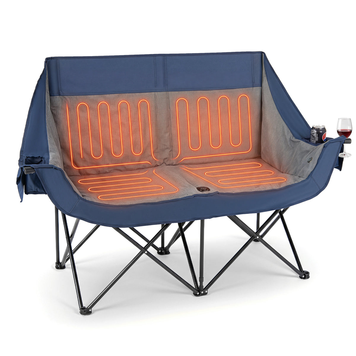 Heated Double Camping Chair with 4 Heating Zones and Wine Glass