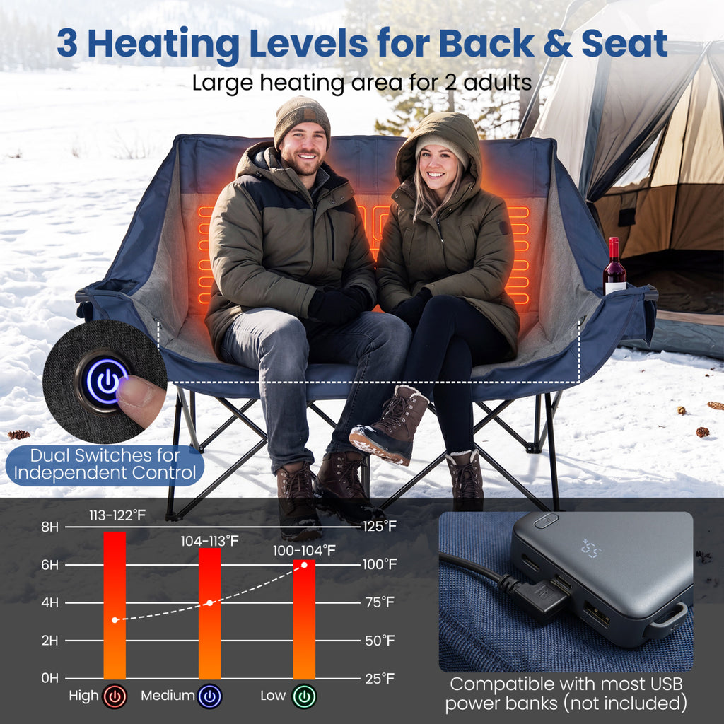 Heated Double Camping Chair with 4 Heating Zones and Wine Glass