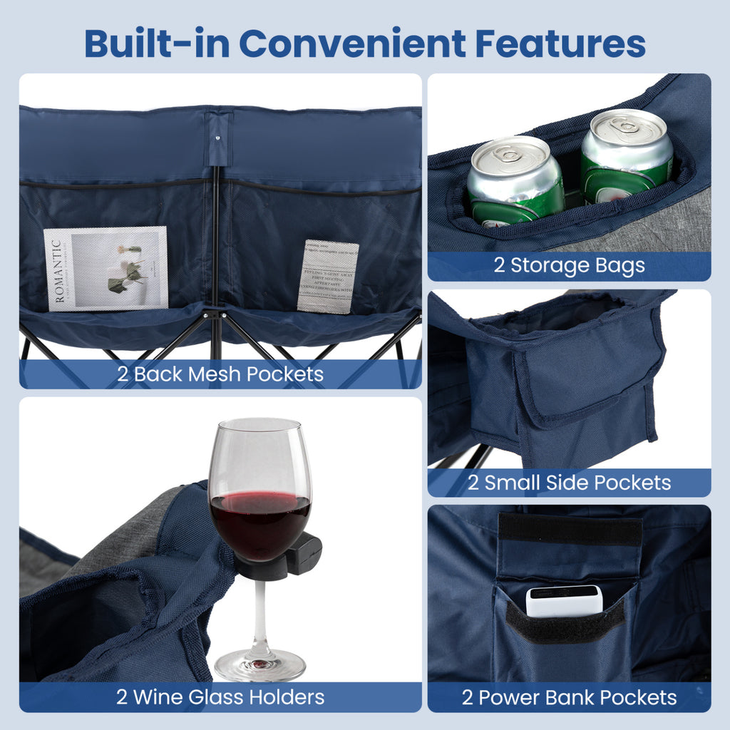 Heated Double Camping Chair with 4 Heating Zones and Wine Glass