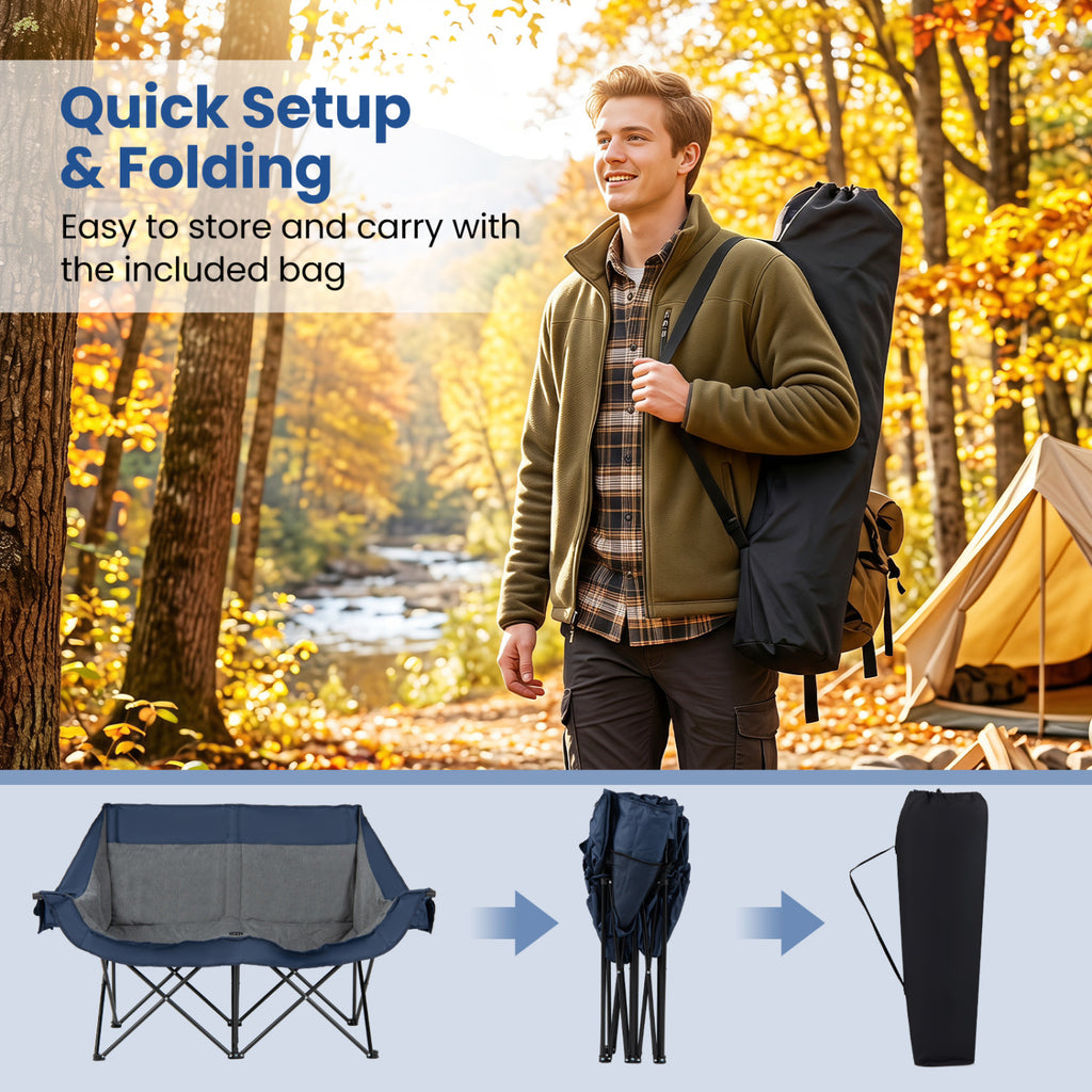 Heated Double Camping Chair with 4 Heating Zones and Wine Glass