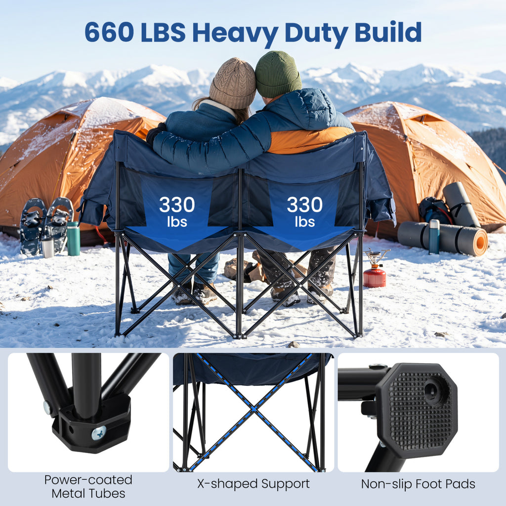 Heated Double Camping Chair with 4 Heating Zones and Wine Glass