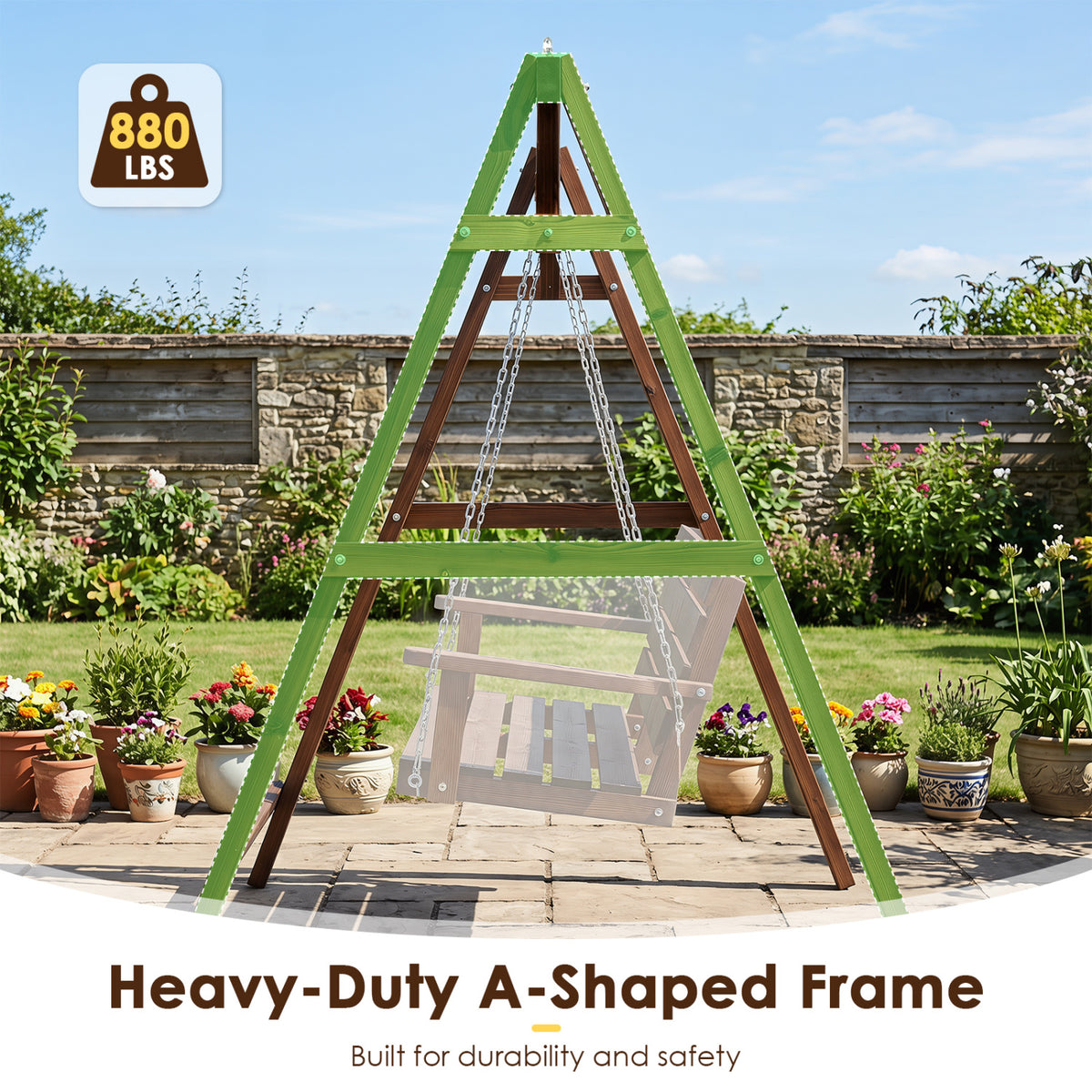Heavy-Duty Carbonized Fir Wood Swing Frame with Reinforced Bars and 2