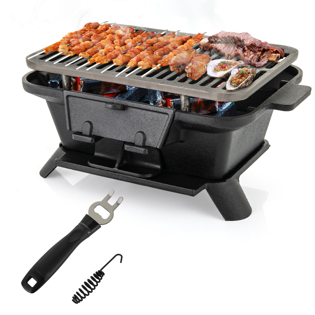 100% Cast Iron Hibachi Grill with Grate Lifter