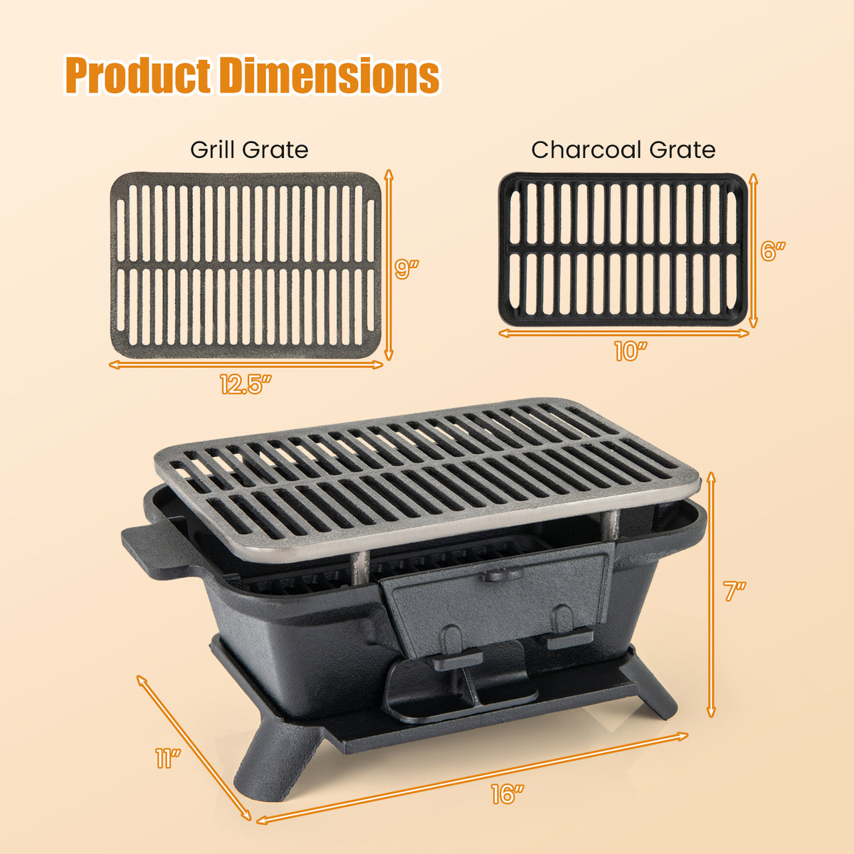 100% Cast Iron Hibachi Grill with Grate Lifter