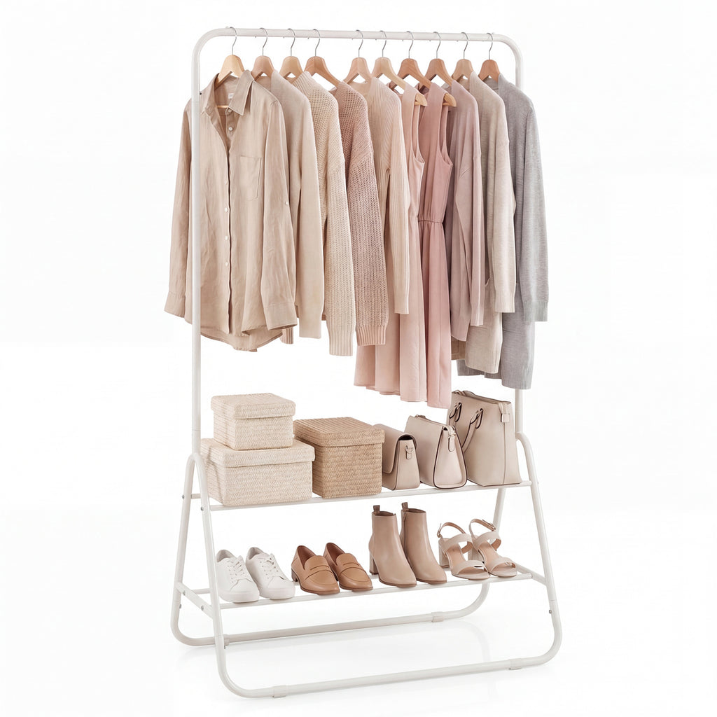 Heavy Duty Clothes Rack with Hanging Rod and Storage Shelves - White