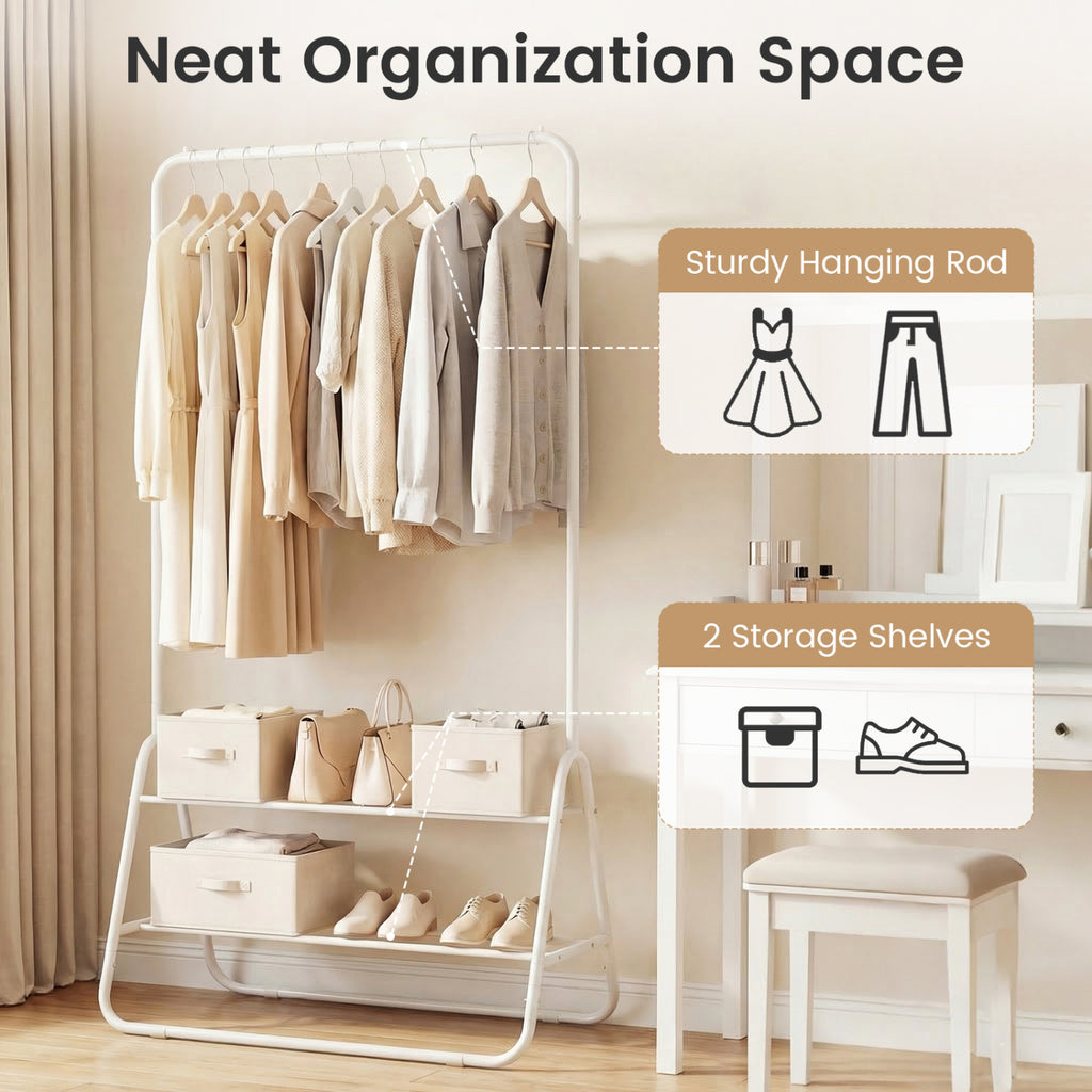 Heavy Duty Clothes Rack with Hanging Rod and Storage Shelves - White