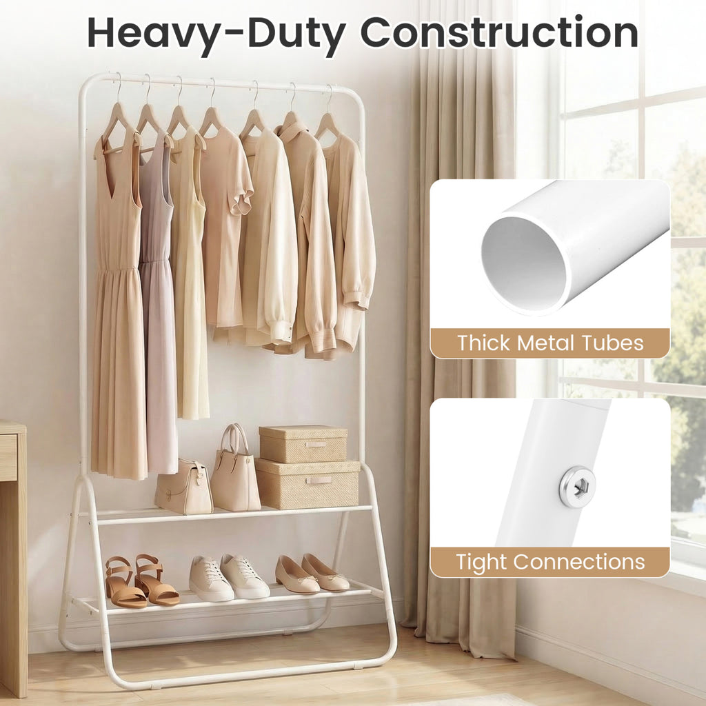 Heavy Duty Clothes Rack with Hanging Rod and Storage Shelves - White