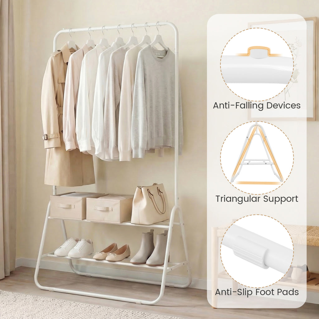 Heavy Duty Clothes Rack with Hanging Rod and Storage Shelves - White