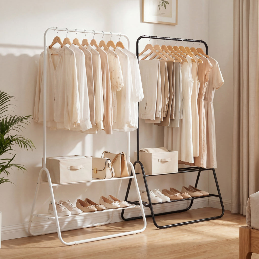 Heavy Duty Clothes Rack with Hanging Rod and Storage Shelves - White