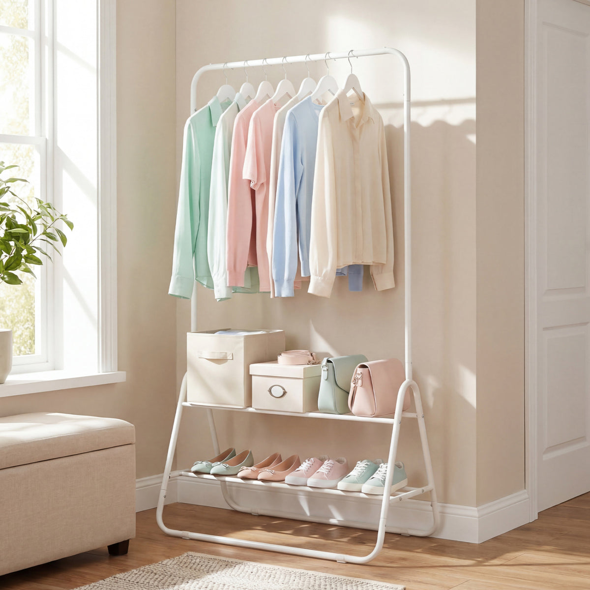 Heavy Duty Clothes Rack with Hanging Rod and Storage Shelves - White