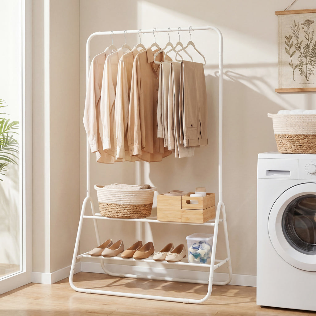 Heavy Duty Clothes Rack with Hanging Rod and Storage Shelves - White